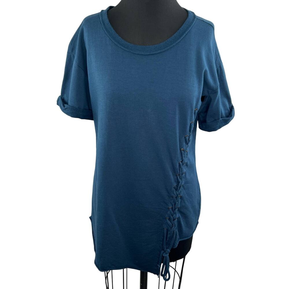 Young Fabulous & Broke YFB Blue Cotton Fleece Crew Cuff Lace Up T-Shirt Tunic M